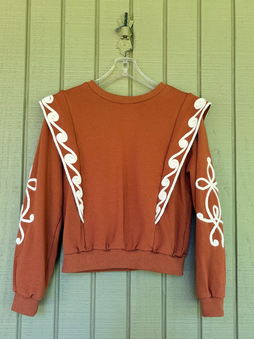 Golden Rust Brown Embroidered Ruffle Cropped Sweatshirt S Western Boho